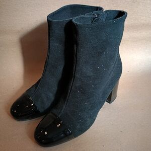 SESTO MEUCCI Women's 8.5  Black Suede Quico Patent Leather Glitter Boots Italy